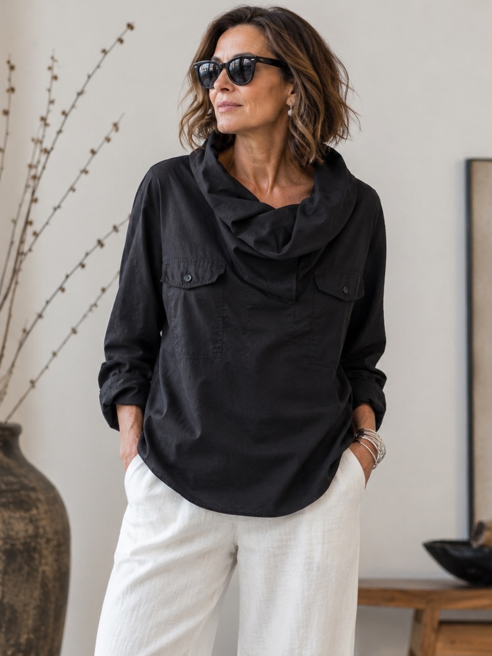 Vintage Black Cowl Neck Half Button Utility Blouse Cotton Blend Minimalist